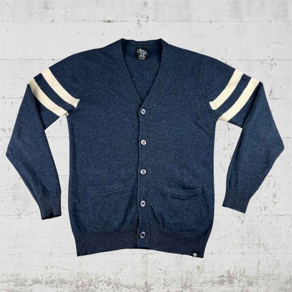 Stussy Lambswool Cardigan Sweater Mens Medium Navy Blue Varsity Stripe V-Neck